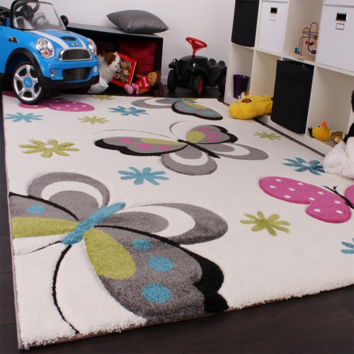 Kinder Teppich Schmetterling Design Pink Grün Blau Grau Creme, Grösse:120×170 cm - 2