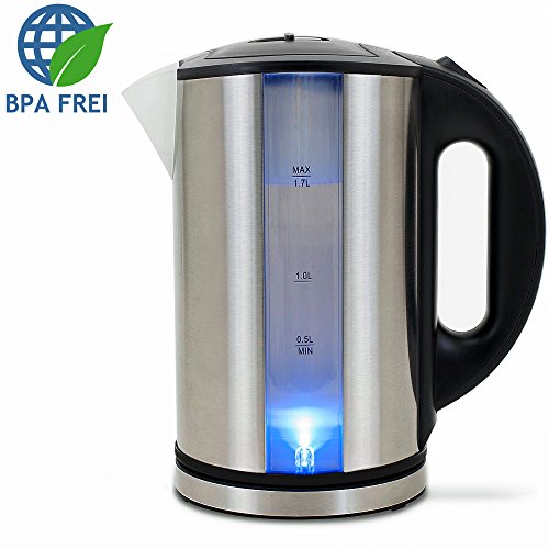 Edelstahl Wasserkocher Teekocher mit blauer LED Innenbeleuchtung 2200 Watt 1,7 Liter