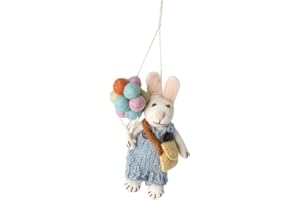 ‎GRY & SIF Handmade & Fairtrade Certified | Gry & Sif | Stylish Danish Design X Napali Kunsthandwerker | Anhänger - Weißer Hase Junge mit Luftballons aus Filz für Wohnzimmer Decoration