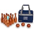 Uber Games Skittles Set – Premium Hardwood Garden Skittles Set with 10 Skittles & 3 Balls, Blue-Topped Lead Skittle & Canvas Storage Bag – 23cm Tall, Fun for All Ages, Classic Outdoor Family Game