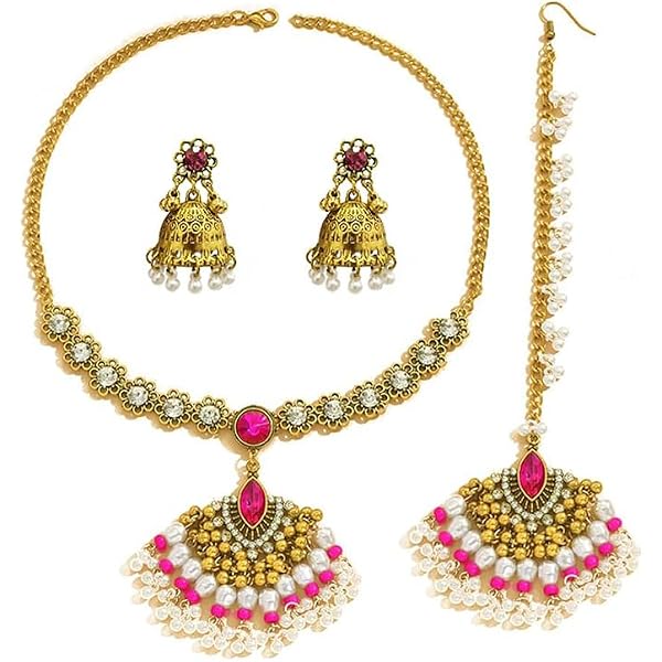 Parure Indienne JAISALMER Turquoise - Collier Et Boucles D'Oreilles Bijoux Bollywood Traditionnels