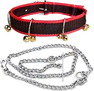 Pedigone Dog Belt Combo of Ghungroo Dog Collar with Dog Chain Specially for Medium Breed Dog Collar Chain (Red-Black)