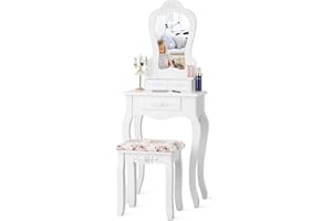 GOPLUS Toeletta Trucco, con Specchio Rimovibile, Sgabello Imbottito, 3 Cassetti, Design 2 in 1, 50x30x136 cm, Bianco