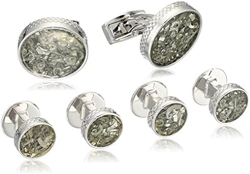 Tateossian Rhodium Black Aluminum Shavings Round Industrial Round Shirt Stud