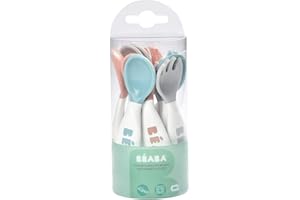 BÉABA, Set Premiers Couverts ergonomiques, Lot de 6 Cuillères & 4 Fourchettes, Manche court et arrondis, Prise en main facile pour Bébé, Adaptée aux droitiers et aux gauchers, Gris/Bleu/Rose