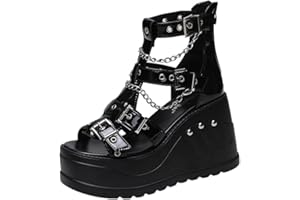 Ulalaza Plateforme de femmes Mary Jane Wedge Bat Heart Chain Sandales Open Toe Toe cheville Gothic Lolita Plateforme Robe Pumps Chaussures Chaussures de plate-forme Chaussures en cuir breveté