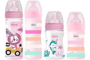 Chicco Juego de 4 biberones anticólicos de color rosa, para bebés a partir de 0 hasta 6 meses de edad, tetinas de silicona con efecto mamá 0 m + y 2 m +, 2 x 150 ml y 2 x 240 ml, fabricado en Italia