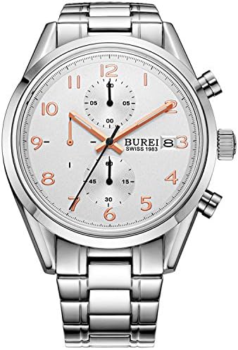 BUREI Men's Precise Chronograph Quartz Multifunction Wrist Watches with Scratch-resistant Sapphire Crystal Lens Metal Band