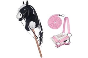 HKM Kids Hobby Horse, Schecke Schwarz-Weiß, mit Halfter und Führstrick in Rosa, Steckenpferd für Kinder, Pferde Spielzeug