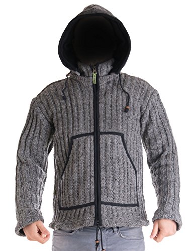 Vishes – Alternative Bekleidung – Gestrickte Herren Winter Wolljacke mit Abnehmbarer Kapuze und Fleece gefüttert grau 48