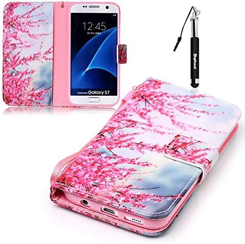 Galaxy S7 Wallet Case Samsung Galaxy S7 Cassette Printing Lanyard Leather Case,Huphant Colorful Flowers Cute Animals Beautiful Pattern Premium Soft PU Leather Notebook Wallet Embossed Flower Tree Design Case with [Kickstand] Stand Function Card Holder and ID Slot Slim Flip Protective Skin Cover Magnetic Closure Closed + Black Retractable Dust Plug Stylus Pen-Plum Tree Branches