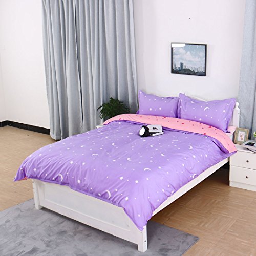 sourcingmap® Sternenaufdruck Bettbezug Kissenbezug Bettdecke Abdeckung Bettbezugset Lila - 2