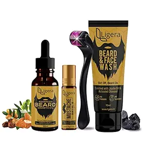 Ligera - 4 Step Beard Growth Kit with Set Of Advanced Beard Growth Oil, Beard Face Wash, 0.5mm-540 titanium needle Beard Activator| For Faster Beard Growth (4-Step Beard Growth kit)