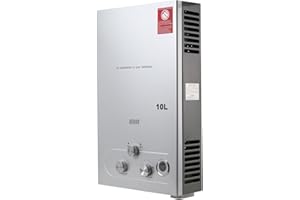 Lfhelper 10L 20KW Gasdurchlauferhitzer, LPG Warmwasserbereiter, 2.64GPM Propangas Tankloser Kesselbrenner Sofort-Heißwasserbereiter mit Duschkopf-Kit für Kleine Häuser, Kabinen, Campingdusche silber