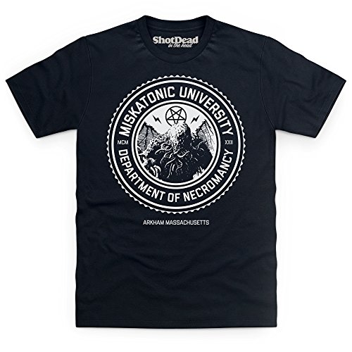 Shotdeadinthehead Cthulhu Miskatonic University Camiseta, para Hombre, Negro, L