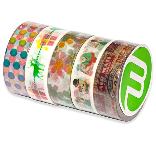 5 Rollen Washi Tape (je 10m) – Papier Dekroband von Washati® (regenbogen dots-Weihnacht-Blumen-Schneemann-Airmail) - 2