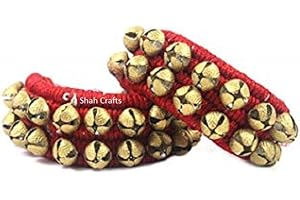 SHAH CRAFTS Kathak Dancing Ghungroo Ankle Bells /Music Anklet Pair, Indian Classical Dancers Musical Instrument 2 Row Tied with Cotton Red Pad Red 20 + 20 Bells