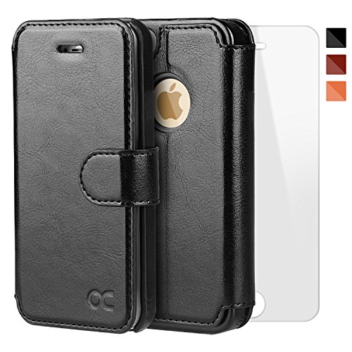 OCASE Coque iPhone 5S Extrême Fin [ Film De Protection Offert ] Étui Porte-cartes à Rabat Housse en Cuir iPhone 5 / SE 