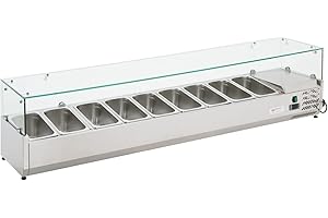 Ristoattrezzature Vetrina Refrigerata Portacondimenti, Portagusti per Pizza - Motore a destra a basso consumo energetico - Capacità 9 GN 1/3 - Da +2 a +8°C - 2000x395x435h mm