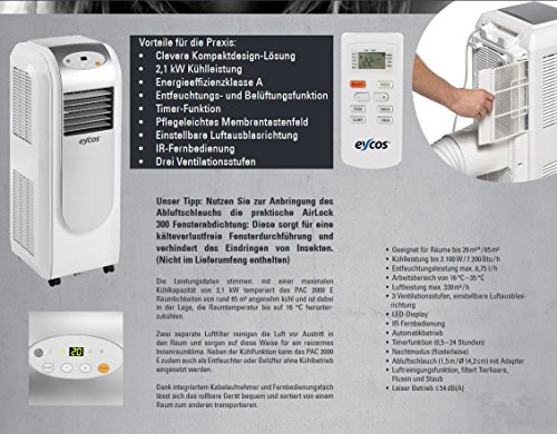 Eycos PAC2000E Klimagerät, Mobile Klimaanlage, Kühlkapazität von 2,1kW, Räume bis 26m², auch als Entfeuchter oder Belüfter einsetzbar - 6