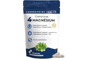 MAGNESIUM B6 |4 Mg Synergiques 1980mg/jour= Bisglycinate + Malate + Végétal bio + chélaté Taurine| 300mg Mg pur/jour |Tolérance et Assimilation supérieures au Mg Marin | Qualité Premium, Capsule