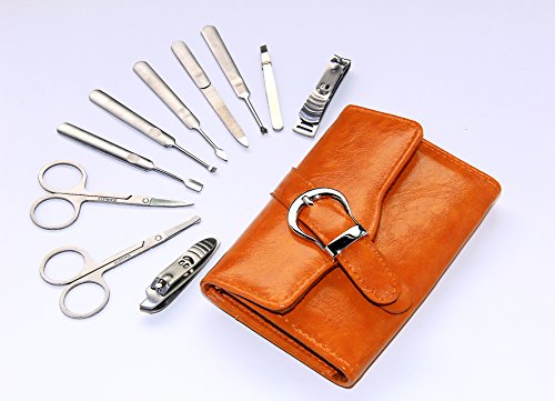 DE'LANCI 10pcs Luxury/Deluxe Stylish Nail Care Personal Manicure & Pedicure Set Manicure Travel & Grooming Set Kit Nail Clipper (Yellow)
