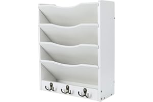 PAG 5-Tier Wall File Holder Hanging Mail Organizer Wood Magazine Letter Rack For Office Home School,Key Racks For Wall with 6 Hooks, White