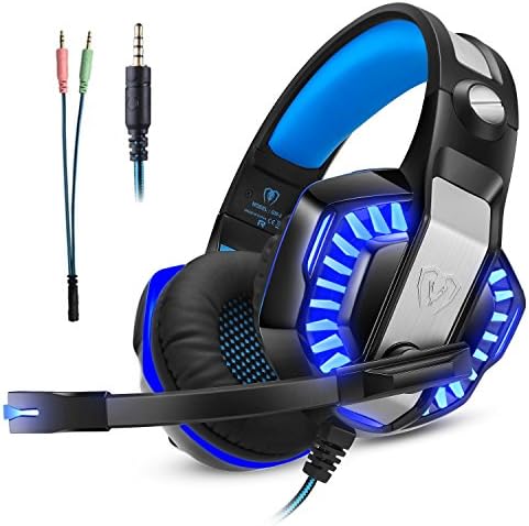 Gaming Headset Micolindun Microphone Gamer Adjustable Headphone LED Mic for PS4, PC, Laptop, Tablet, Phone, MAC with 3.5mm Over-Ear Bass Stereo Surround Sound Volume Control (Adapter Include)