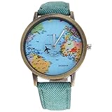 mmrm Mini Weltkarte Flugzeug Elektronische Armbanduhr Denim Leder Band Armbanduhr für Herren, grün
