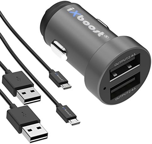 Ixboost® IX 5B Set Speed Charge 4.8 A Dual USB Car Charger fully Metal Adapter Dark Grey Intelligent IC 2 Port In Car Charger + 2 x Micro USB Charging cable Black for HTC Huawei LG/Samsung
