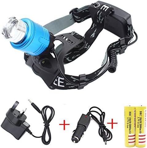 Genwiss 2 x Q5 2500 Lumens LED Headlight Head Light Lamp Zoomable blue light for Camping Biking Working Hunting Fishing Riding (include 2 x 5000mAh 18650 Battery + Charger + Car Charger)(Blue)
