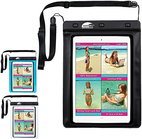 SwimCellWaterproof Tablet Case - Certified IPX8 Protection - Fits iPad Pro 9.7, Air, Air 2, iPad 5, 6, Tab 10 Lite, Samsung Galaxy Tab S2 - Adjustable Lanyard - Black, Fits 21 x 24.5cm