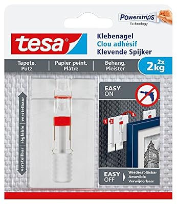 tesa 77777- Lot de 2 Clous Adhésifs Ajustables pour Papier Peint 2kg