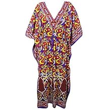 Mogul Interior Women Caftan Dress Purple Printed Viscose Kimono Kaftan Cover Up One Size