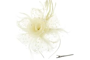 DRESHOW Fascinators Hat Flower Mesh Ribbons Feathers on a Headband and a Forked Clip Cocktail Tea Party Headwear for Girls and Women