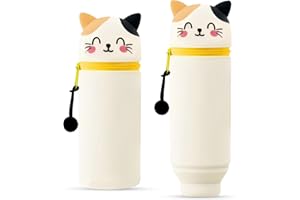 Axinyijia 2025 Nouveaux Trousse à Crayons en Silicone, 2 en 1 Trousse Porte-Stylos Panda Capybara Chat Ours, Rétractable Trousse a Crayon Kawaii pour Filles Garçons (Chat)