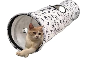 ANCECOS Tunnel en Peluche pour Chat - Motif Empreintes de Pattes - ∅25 x 100 cm