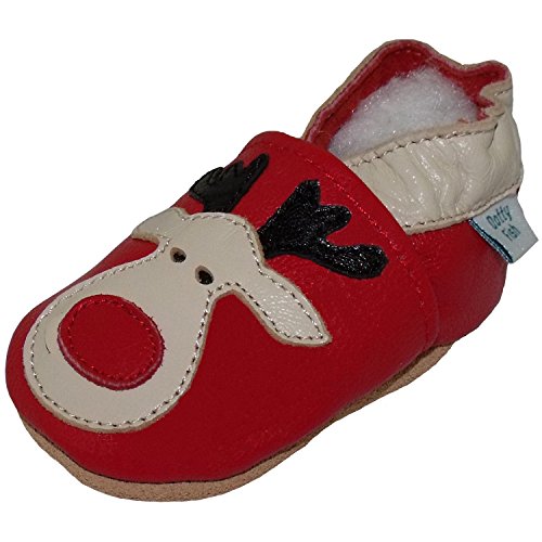 Soft Leather Baby boys or girls Shoes with Suede Soles by Dotty Fish with Suede Soles. Red Rudolph design - 6-12 months