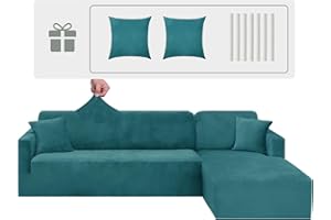 CHELZEN Velours Housse de Canapé Peninsula en Forme de L, 2 Pièces Housses de Canapé d'angle, Housse de Canapé pour Chaise Longue avec Deux Taies d'oreiller (2 Place+3 Place, Paon Bleu)