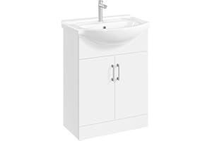 Yaheetech Bathroom Vanity Unit with Ceramic Sink, Floor Standing Bathroom Vanity with 2 Doors, Wooden Storage Cabinet, White
