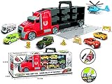 Der Autotransporter LKW dient gleichzeitig als Aufbewahrungskoffer mit Tragegriff für Spielzeugautos, größen-kompatibel zu Hot Wheels und Matchbox Autos