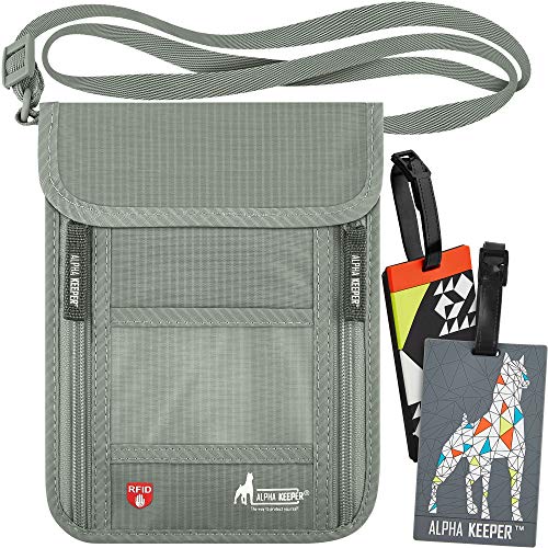 Portadocumentos Viaje con Banda para el Cuello y Bloqueo RFID - Organizador de Documentos con Funda Pasaporte para Hombre y Mujer - Incluye 2 Etiquetas para Equipaje [Nuevo Modelo 2019]