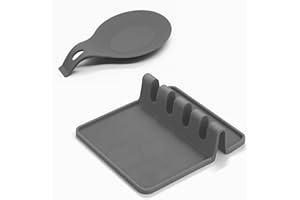 OKAMI PRODUCTS Silicone Utensil Rest with Drip Pad for Multiple Utensils, Large Spoon Holder Rest for Ladle, Spatula, Tongs, Fork - Set of 2 (Grey)