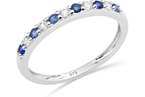 MIORE Biżuteria damska 0,12 ct diament pierścionek wieczności z kamieniem szlachetnym 6 naturalnych okrągłych niebieskich szafirów i 5 diamentów, brylanty pierścionek Eternity z białego złota, 9