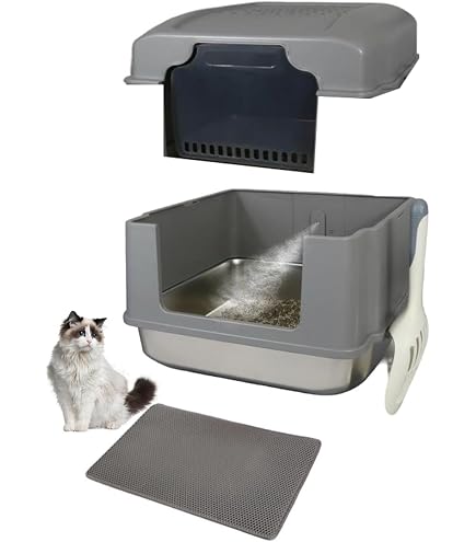 Lettiera Per Gatti Con Vasca In Acciaio Inox – Con Cappa, Ingresso Anteriore/superiore, 60x40,5x42,5 Cm, Grigio Argento Con Pala