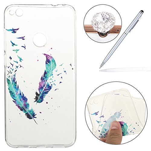 Huawei P8 Lite 2017 Hülle Silikon,P8 Lite 2017 Case,Huawei Honor 8 Lite Schutzhülle,Felfy Transparent Ultra Dünn Slim Soft Gel Silikon Handyhülle Schutzhülle TPU Clear Case Wassermelone Bananen Pony Flamingos Löwenzahn Traumfänger Farbe Muster Backcover Bumper Handytasche Anti Scratch Handyhülle Handycover Etui Tasche für Huawei P8 Lite 2017 / Honor 8 Lite [Zwei Federn] + 1x Silver Stylus+ 1x Bling Dust Plug [Zufällige Farbe]