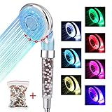 【3 modos alcachofa ducha LED】- El cabezal plateado de ducha produce 3 opciones de salida del agua: lluvia fuerte,masaje de energía, neblina de cascada. Solamente gira el selector y elige tu modo favorito y disfruta la experiencia de cada ducha.