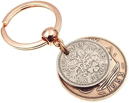 Genuine 1953 Sixpence Ha'penny Double Coin Keyring 65th Birthday Gift