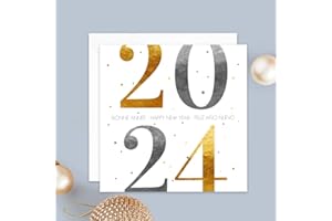 Popcarte Carte de vœux 2024 • Année en Grand • Or & Argent • Lot de 16 Cartes • Papier haut de gamme • 16 Enveloppes Blanches • 14x14 cm Pliée • Idéal pour souhaiter la Bonne Année