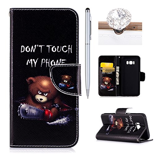 Felfy Hülle für Galaxy S8,Samsung S8 Lederhülle,Galaxy S8 Handyhülle Flip Wallet PU Lederhülle Magnetic Buckle Handyhülle Ledercase Tasche Hüllen Brieftasche Bunte Gemalt Malerei Schmetterlinge Blumen Bär Feder Vögel Muster [PU Leder & Silikon Innenschale] Schutzhülle Tasche Schale Handy Etui Karten Slot Lederhülle für Samsung Galaxy S8 (Don't Touch My Phone) + 1x Silver Stylus+ 1x Bling Dust Plug[Farbe Random]